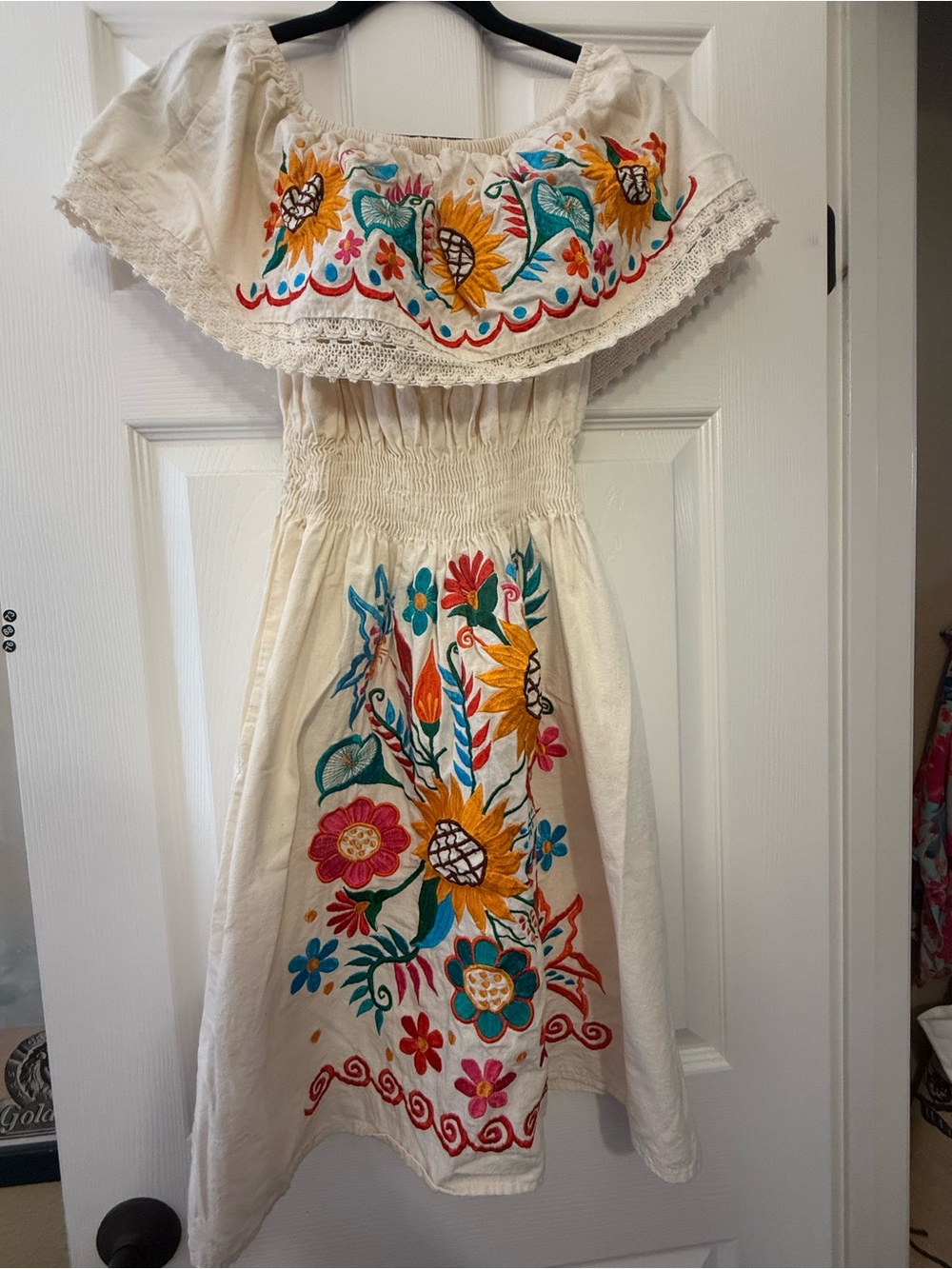 Artisan Cream Off-Shoulder Mini Dress with Multicolor Floral Embroidery